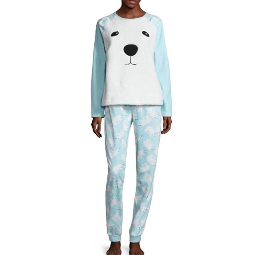 Juniors Love Peace Fashion 2 pc POLAR BEAR Fleece Pajamas PJ Set Size Large NWT